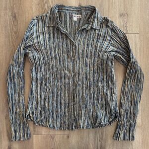 Vintage‎ Sportif Striped Long Sleeve Crinkle Button Down Shirt Y2K Size Large